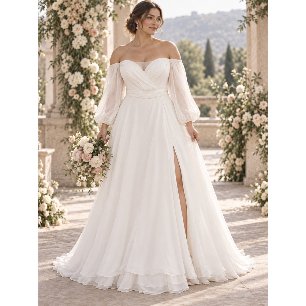 David’s Bridal Off Shoulder Chiffon Wedding Dress Size 12 A-Line Gown